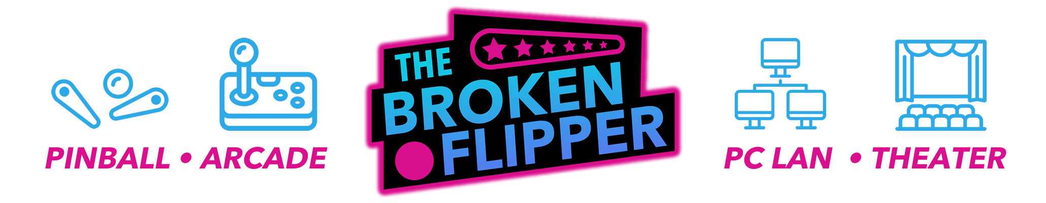 The Broken Flipper Logo. Pinball, Arcade, Drinks, Theater