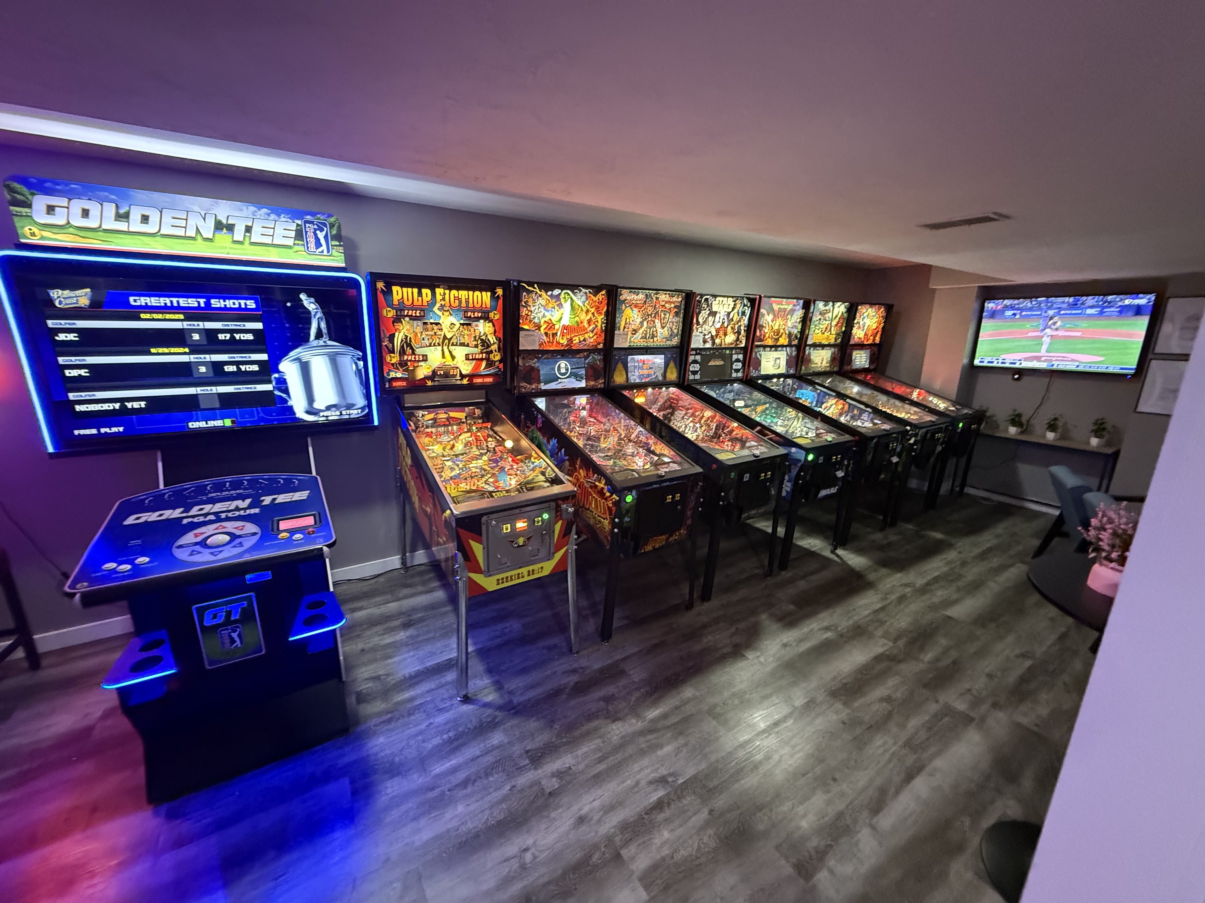 Our main line up of pinballs in the finished section of our place.
